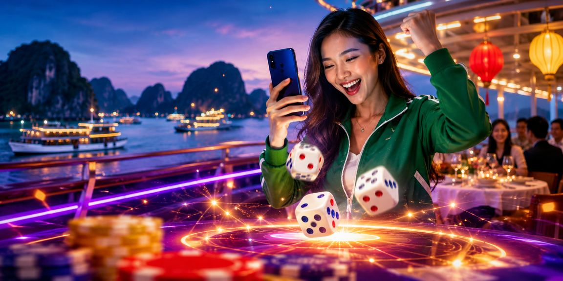 Bàn Tài Xỉu với xúc xắc neon trên nền vịnh Hạ Long đêm tối