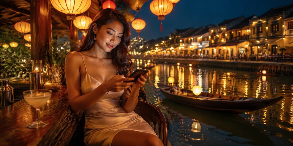 Người dùng xem ứng dụng b53 cạnh tách cà phê kiểu Hội An buổi sáng